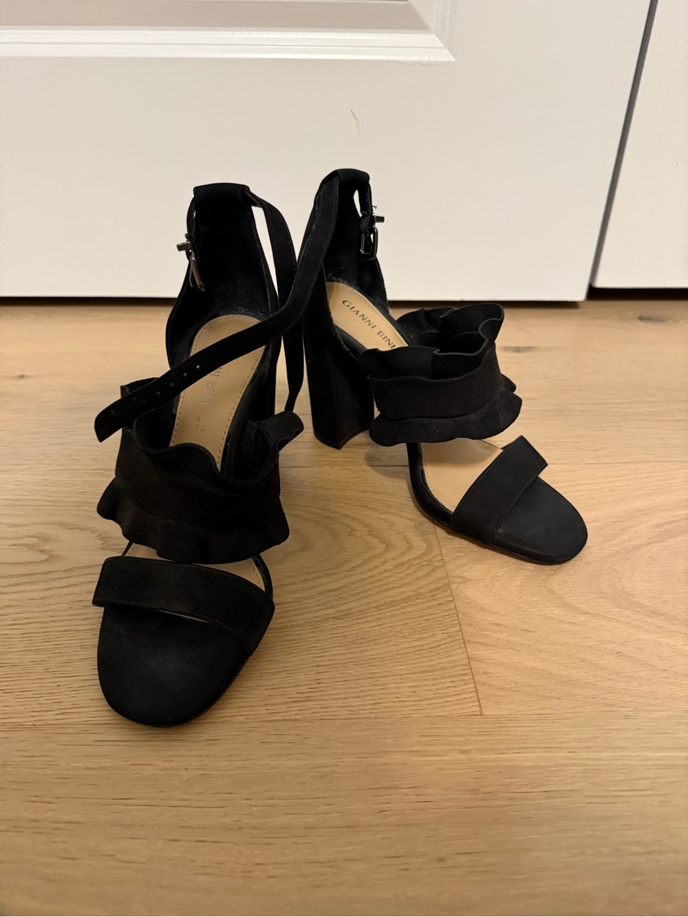 Gianni Bini Black Ruffle Ankle-Strap Block Heels
